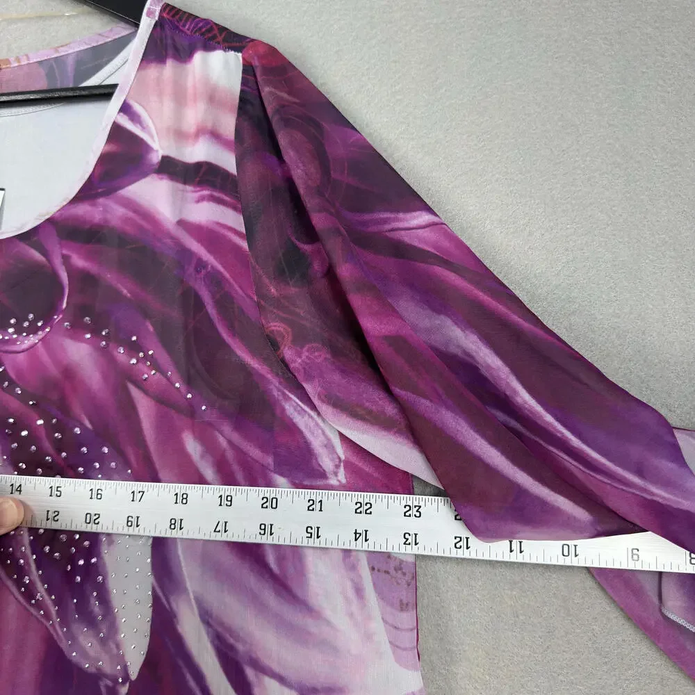 One World Women's Purple Floral Tunic Top‎ with Sequin Detail Size L w/ Liner - Picture 8 of 9